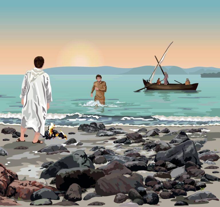 Jesús está de pie al borde del mar de Galilea.,